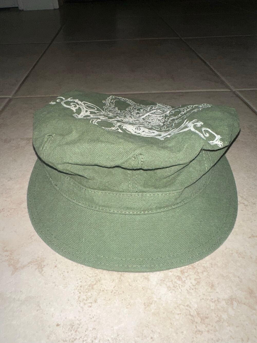 Pink Academy Y2K Military Cadet Hat Olive Green Crown Graphic Pins OS